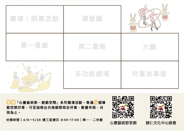 集章活動規則： 參與「心豐藝術節－遊戲空間」系列展演活動，集滿 5 個場館空間印章，即可至服務台兌換期間限定杯套。數量有限，兌完為止。  兌換時間資訊： 4/8～5/28 週三至週日 9:00~17:00（註：周一、二休館）。